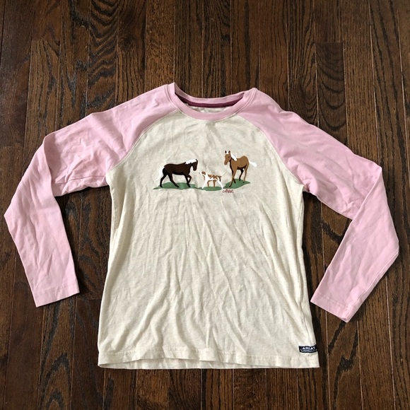 Ariat Other - Ariat Girls M (10Y) Organic Cotton Pink/Creme Long-Sleeve Tee w/Velvet Horse/Dog